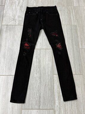 MNML Black Skinny Jeans Men's 32 Red Bandana Knee Rips
